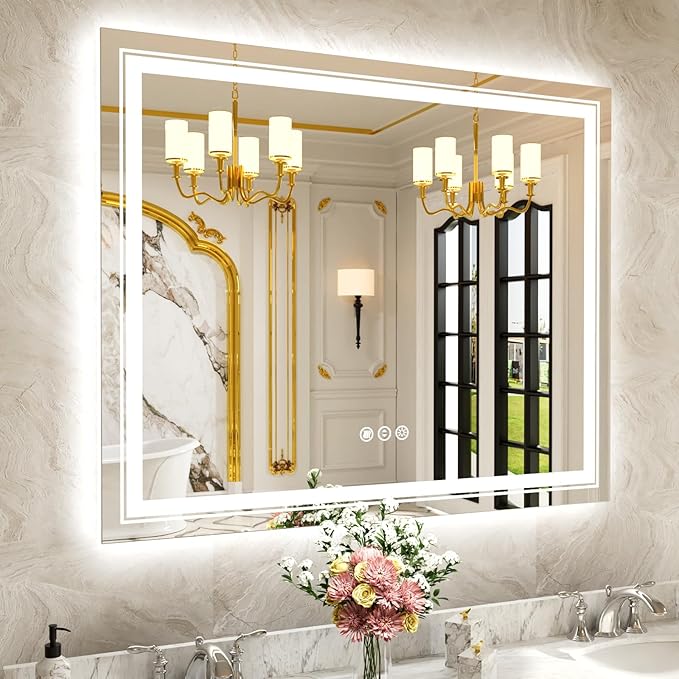 WTTY 48x36 LED Bathroom Mirror with Lights, Backlit and Front Lighted Bathroom Vanity Mirrors Wall Mounted, Double LED Vanity Wall Mirror for Bathroom with Anti-Fog, Dimmable, Memory, Shatter-Proof