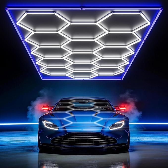 HYPERLITE Gen 2 Hexagon Garage Lights: 15 Grids with Border DIY Hexagon Led Lights, 6500K Ultra Bright, Easy Install Hex Light, Durable Design for Garage, Car Detailing, Workshops, Gym(Blue)