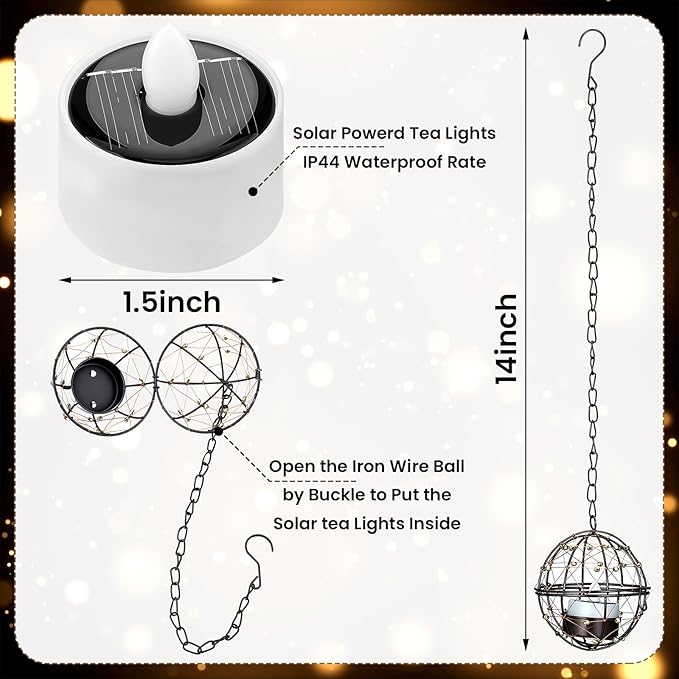 VIHOSE 4 Pack Solar Lanterns Outdoor Waterproof, Hanging Solar Lights Iron Ball with Flashing Tea Wax, Decorative Rechargeable Lamp for Backyard Terrace Garden Fence Tree Decoration