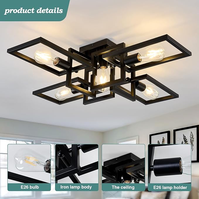 ZGLAOJT Black Industrial Semi Flush Mount Ceiling Light 5-Light Kitchen Light Fixtures Modern Large Matte Sputnik Chandelier for Dining Room Bedroom Farmhouse Living Room