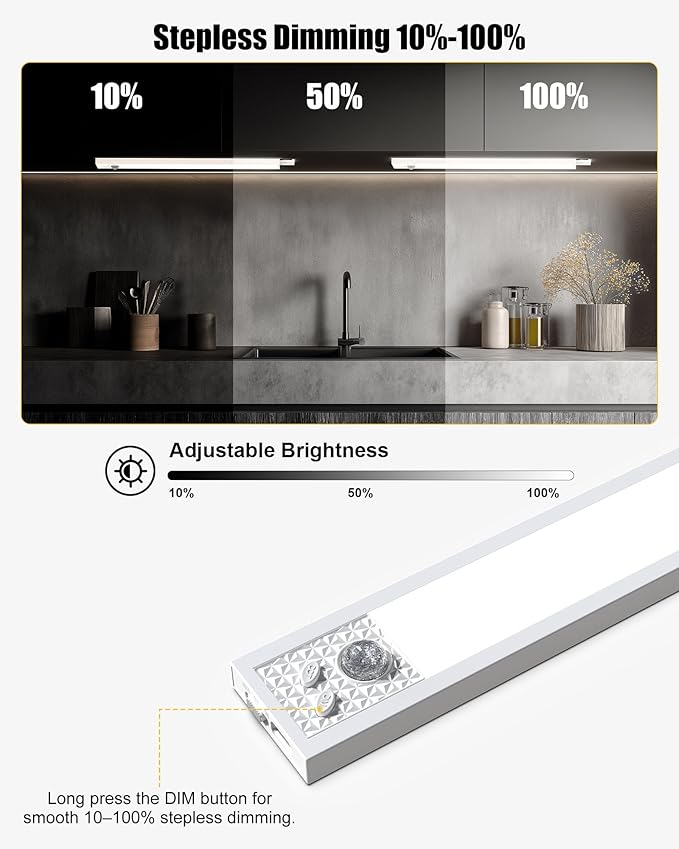 Under Cabinet Motion Sensor Lighting - 12 Inch Wireless Under Cabinet Lighting, Rechargeable with Magnetic Mount, 5CCT Adjustable for Kitchen/Hallway (White, 2-Pack)