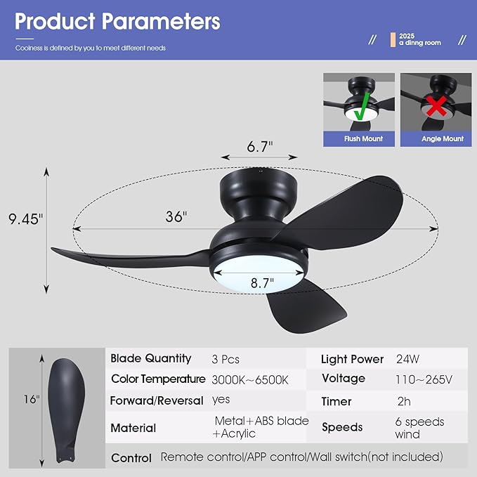 36 Inch Flush Mount Ceiling Fan with Light, 3 Reversible Blades, Remote & APP Control, 3 CCT Dimmable for Bedroom Living Room, Black
