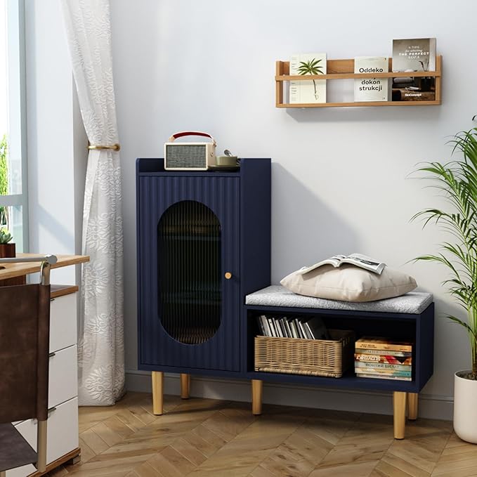 HLR Storage Bench with Glass Door&Shelf, Modern Entryway Shoe Cabinet Bench with Padded Seat, Blue L-Shaped Storage Cabinet for Hallway, Bedroom, Living Room, Office