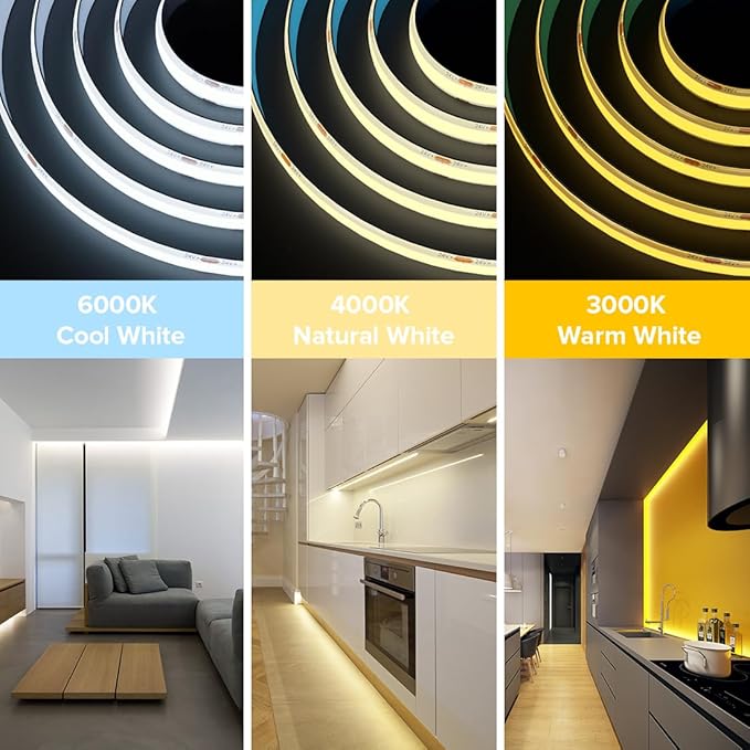 BTF-LIGHTING FCOB COB LED Strip IP65 480LED/m Flexible High Density Uniform Light 9W/m 16.4FT DC24V Daylight White 6000K CRI 90+ 8mm Width for Home Indoor Decor(No Adapter or Controller)