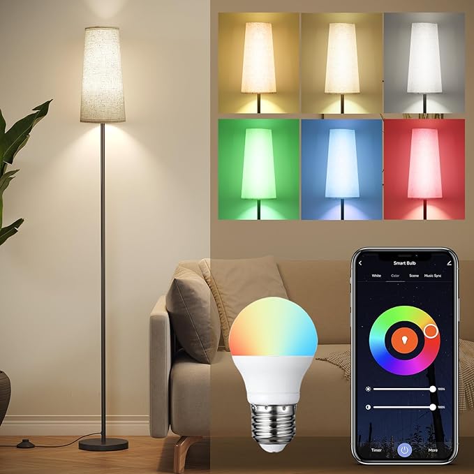 SUNMORY RGB Floor Lamps for Living Room, Smart APP Remote Control Standing Lamp with RGB Bulb, Dimmable Floor Lamp for Bedroom, Office, 61'' Tall Lamp, Suitable for Modern/Boho/Farmhouse Decor Styles