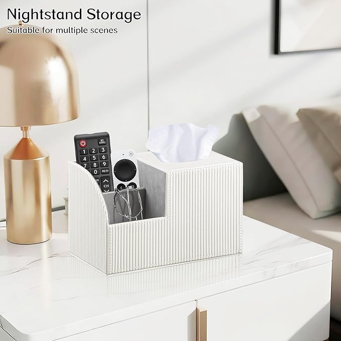 Fanousy Square Tissue Box Cover with Storage, PU Leather Cube Tissue Box Holder, Remote Control Nightstand Organizer, Modern Desk Caddy for End Table, Bathroom, Bedroom, Home, Office Decor