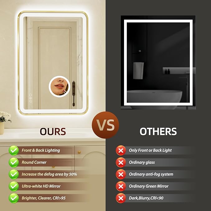 24x36 Inch Gold Framed LED Bathroom Mirror with Lights,Magnifying Tempered Glass,Dimmable Lighted Bathroom Vanity Mirror with 3 Colors, Backlit + Frontlit, Anti-Fog