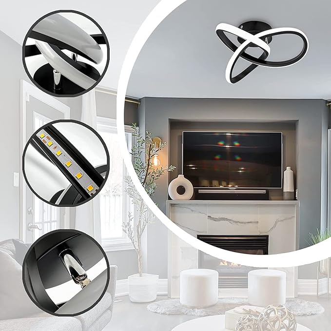 Modern LED Ceiling Light, 2 Rings Creative Black Hallway Ceiling Lighting 6000K Flush Mount Ceiling Lights for Kitchen Bathroom Cool White Light 22W (Black)