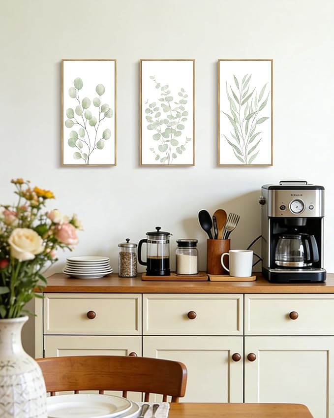 KUVIOKE Light Green Botanical Leaf Framed Wall Art Green Sage Eucalyptus Plant Illustrations Modern Artwork for Living Room Bedroom 8x16in3pcs Natural Framed