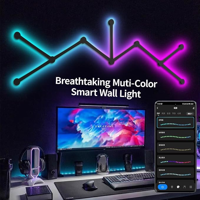 RGBIC Smart WiFi Glide Wall Light, Compatible with Alexa and Google Assistant, 16M+ Colors, Music Sync, Gaming Room Decor Lights(9 Black Lines Light)