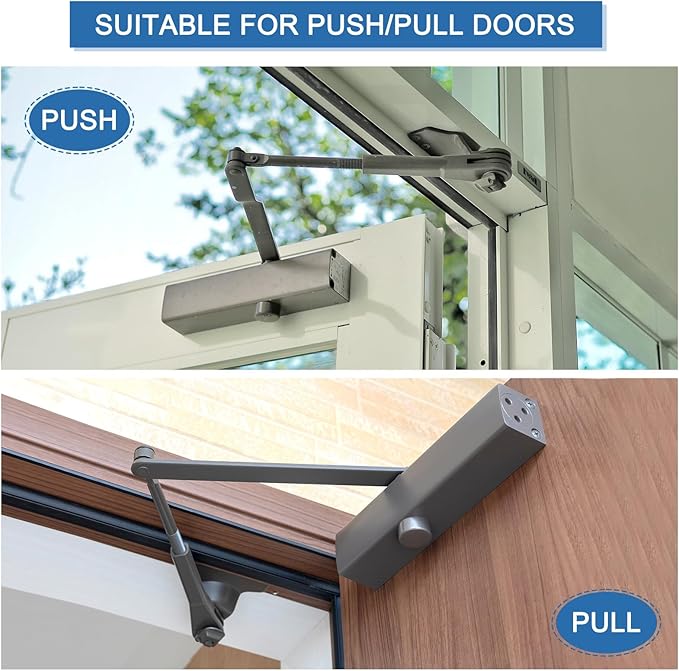 MECCANIXITY Door Closer Automatic Door Closer for 25-65kg Outdoor Internal Metal Wooden Doors,180D Spring Hydraulic Auto Door-Closer Automatic Adjustable Closer(Silver,Aluminum)