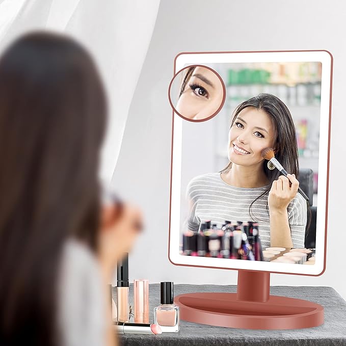 Funtouch Large Lighted Vanity Makeup Mirror, 14.56 in x 8.97 in, 88 LED, 360 Rotation Touch Screen, 10X Magnification Tabletop Cosmetic Make Up Mirror, Rose Gold