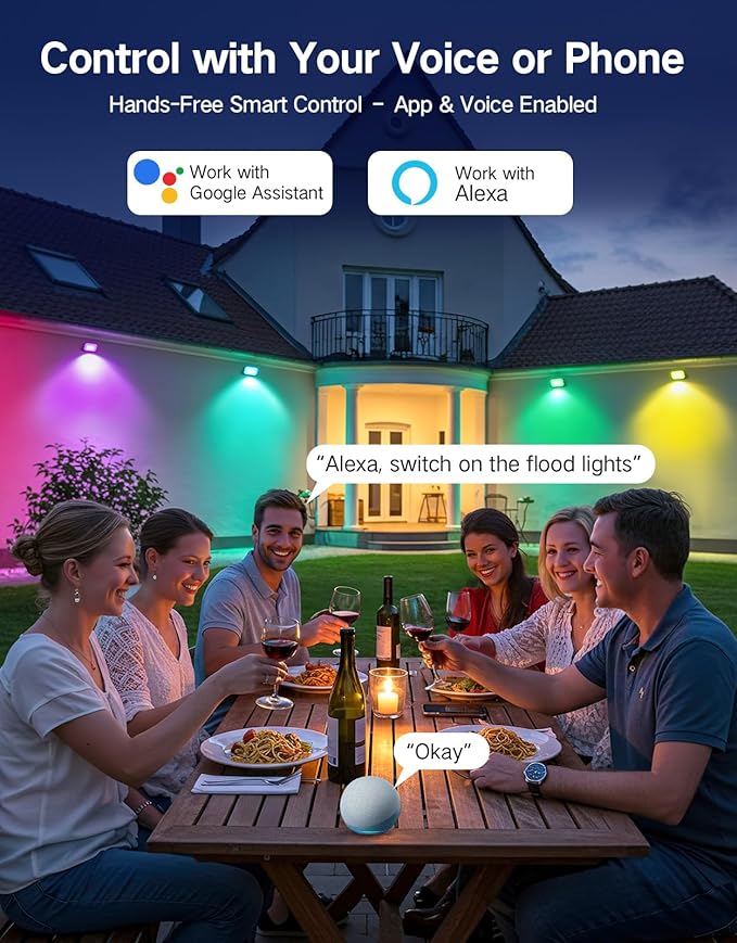 OUTON LED Flood Light Outdoor, 24W Smart RGBAICW Landscape Lighting with APP, Remote & Voice Control, 16 Million Colors, 2700K-6500K, IP65 Waterproof Uplights for Garden Party Stage, 4 Pack