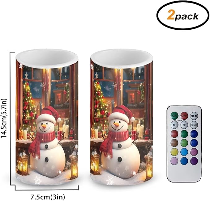 Christmas Decor Flameless Pillar Candles Cute Snowman Battery Operated Flameless LED Candles with Remote and Timer for Home Party Christmas Holiday Xmas Decorations Set of 2