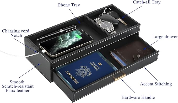 HofferRuffer Valet Jewelry Tray Organizer with Drawer, Faux Leather Storage Catchall Box Phone Charging Station Tray with Dresser Nightstand Desktop Drawer Organizer (Black)