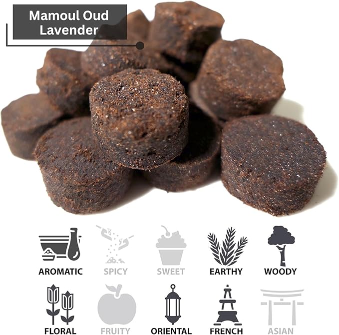 Mamoul Oud Lavender 80g (Pressed Resin Disks) | Use with Incense Burner Charcoal, Electric Bukhoor Burner (Mabkhara) or Hair Bakhoor Comb | Inciensos Aromaticos para La Casa