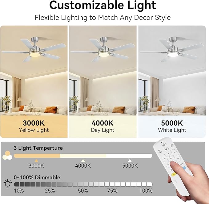 cumilo 52” Smart Outdoor Ceiling Fans LED Lights and Remote,Quiet DC Motor,6 Speed,Dimmable,Indoor Modern Brushed Nickel Ceiling Fan Controlled by WIFI Alexa App,Gray Silver Wood Bedroom Patio Porch