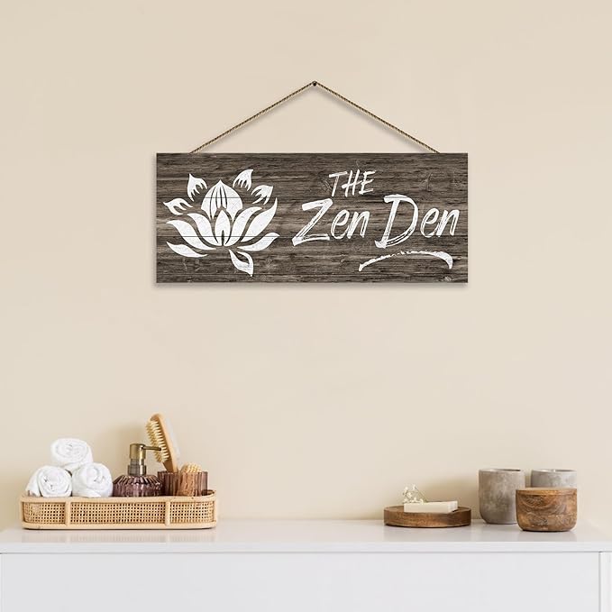 1 KINGO Farmhouse Zen Den Signs: Rustic Zen Den Yoga Studio Room Decoration Canvas Print Lotus Flower Wall Decor - Vintage Decorative Wooden Texture Wall Plaque for Home 6" x 15"