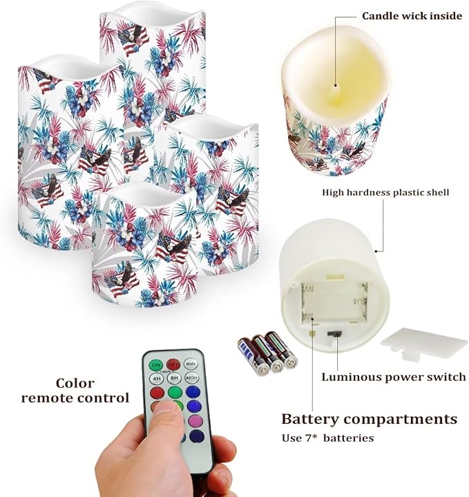 250th Anniversary Fake Candles Set of 4 Bald Eagle Star Stripes Pattern LED Battery Operated Flickering Remote Fourth of July Lamp Patriotic Decor for Bedroom Wedding Restaurant
