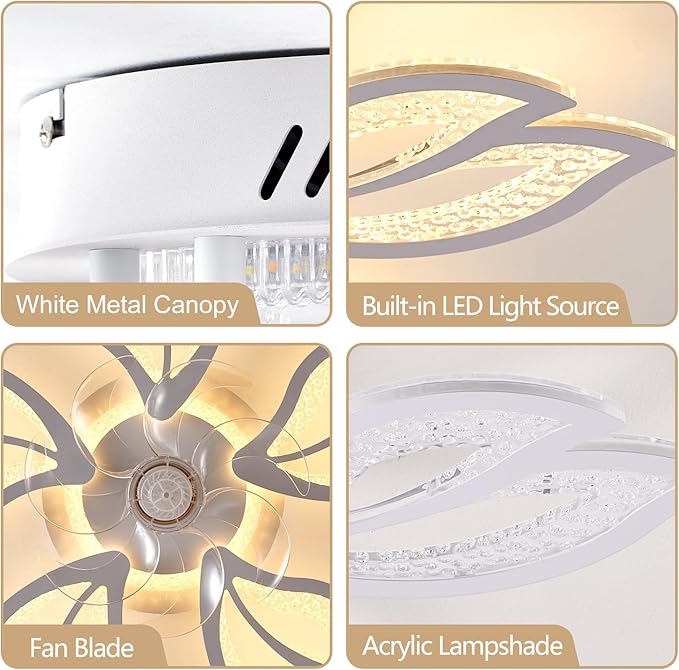 Ceiling Fan with Lights Remote Control, White Bladeless Ceiling Fan with Light, 6 Speeds 3 Light Color Low Profile Ceiling Fan for Kitchen Bedroom