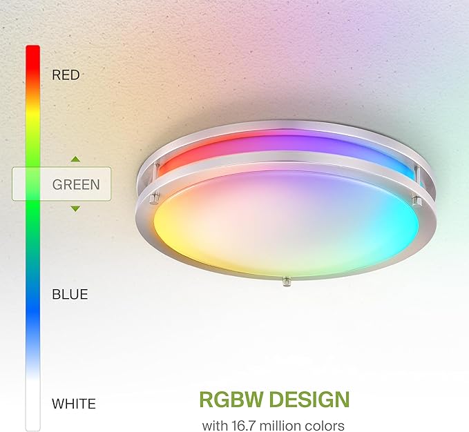 ASD LED 16" Round Flush Mount Lighting, Close to Ceiling Light Fixture | Smart, Multicolor, Dimmable, ETL Listed | 24W 1575LM RGB-2700-6500K 120V | Low Profile Double Ring Lamp | Nickel, 2 Pack