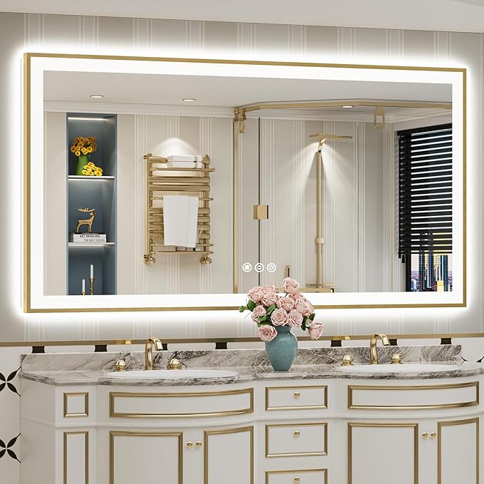 72x40 Gold LED Bathroom Mirror with Lights, Brushed Gold Framed Backlit and Front Lit Anti-Fog Lighted Vanity Mirrors for Bathroom Wall, Dimmable, 3 Colors, Memory, HD Tempered Glass, CRI＞90