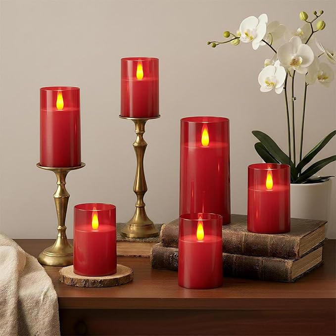Raycare Flameless Electronic Pillar Candles with Remote Control and Timer- Battery Operated Realistic Flickering LED Fake Candle for Home, Wedding, Valentine's Day Decor, Red,Set of 2(3"x6"6")