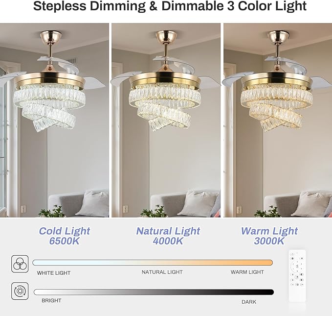 Finktonglan 42'' Dimmable Chandeliers Fan, Crystal Ceiling Fan with Lights with APP & Remote Control, Gold Fandelier Ceiling Fan, 3 Color Change, 6 Speed Reversible Fandeliers, Circulating Air