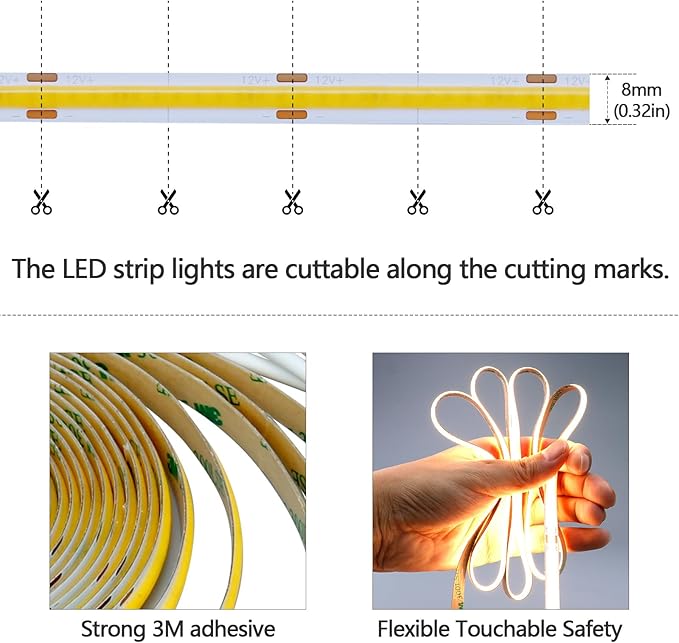 GOMING Motion Sensor COB LED Light Strip 16.4ft(5M) Warm White 3000K 3 Lighting Modes 3 Timing Off Modes 3 Brightness Modes with Power Adapter for Kitchen Cabinets Stair Showcase Bedroom Bed