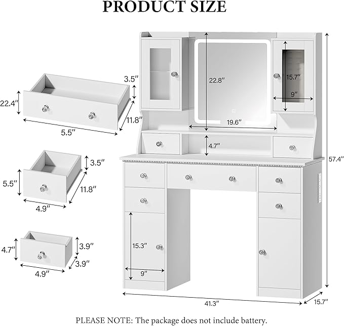 Vanity Desk with LED Mirror & RGB Lights, Large Makeup Vanity with 7 Drawers & 2 RGB Cabinets, White Vanity Table with Power Outlet, 3 Colors Lighting Adjustable Brightness for Bedroom, White