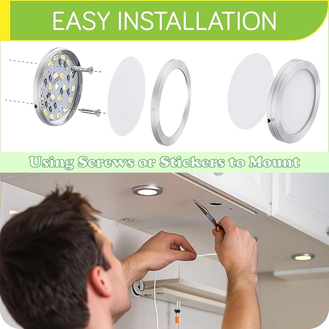 Under or Over Counter LED Lighting Kit, 120 Volt Electric Wired Kitchen Cabinet Round Puck Lights, Wireless Remote Control Dimmable, 3 Ways Octopus Wired, 3 Lights, Warm White