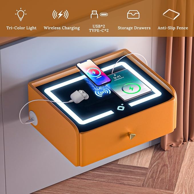 HOMEMORE Floating Nightstand with Charging Station Bedside Table LED Smart Bedside Table Wall Mounted Nightstand Orange