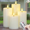Outdoor 4pcs Flameless Waterproof Candles with Handy Remote Control, Cycle Timer Battery Operated Candle Grease Effect LED Flickering Pillar Plastic Long Lasting (Ivory, 3" x4" 5" 6" 7")