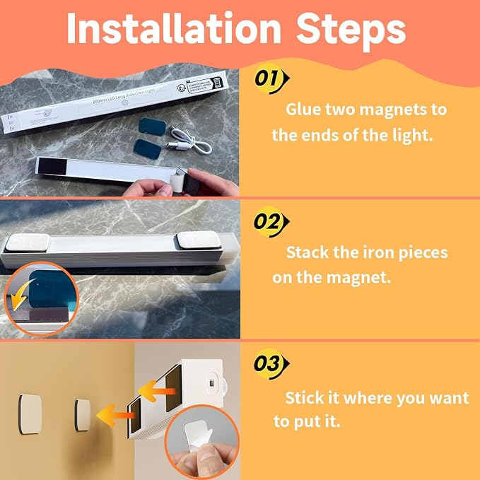 6 Pack Under Cabinet Light,Rechargeable Indoor Wireless Closet Lights for,Stairs Cabinet,Kitchen,Motion Sensor LED Lights with Magnetic 8 inch