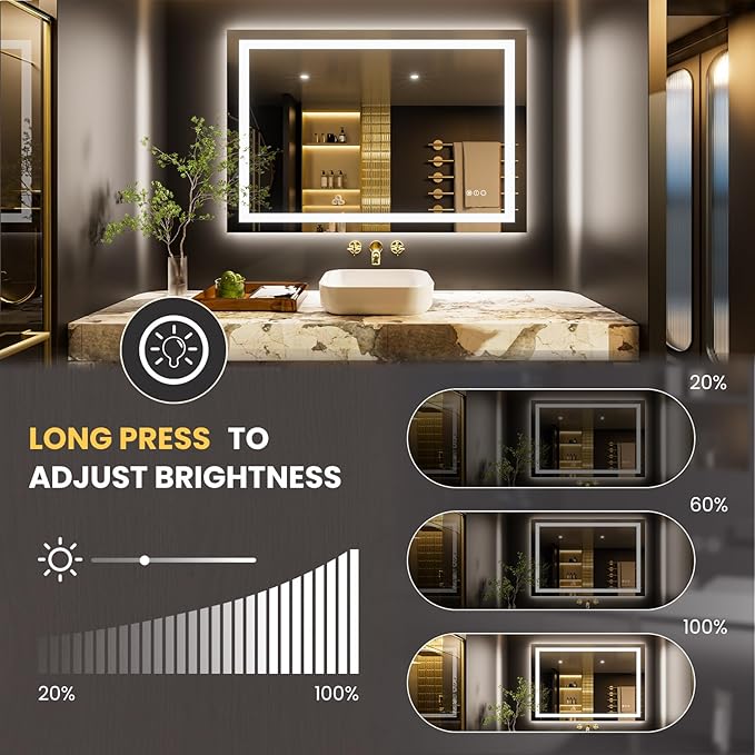 LOAAO 44"x30" LED Bathroom Mirror with Lights, Anti-Fog, Dimmable, Backlit + Front Lit, Lighted Bathroom Vanity Mirror for Wall, Memory Function