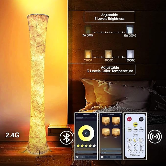 LED 3 Color Temperature Floor Lamp, 61'' Dimmable Round Standing Lamps with Foot Switch, APP & Remote Control, Timer Setting, Modern LED Corner Lamp for Living Room Bedroom