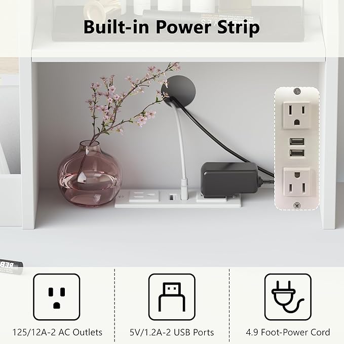 Vanity Desk with Mirror and Lights & Power Outlet, Makeup Vanity Set with Chair & RGB Ambient Light, Girls Vanity Dressing Table with 3 Lighting Modes & Adjustable Brightness for Bedroom, White