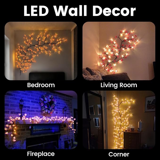 LED Tree Branch Lights for Wall 5.91 FT 96LEDs Cherry Blossom Lights with Remote and 8 Lighting Modes Cherry Blossom Garland Willow Vine Light for Bedroom Indoor Wall Wedding Christmas Decor