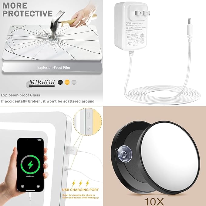 Makeup Vanity Mirror 24" x 19" Large LED Makeup Mirror, Desk Mirorr with Lights, Light up Mirror with 10X Magnification and, Dimmable 3 Modes, Touch Control White