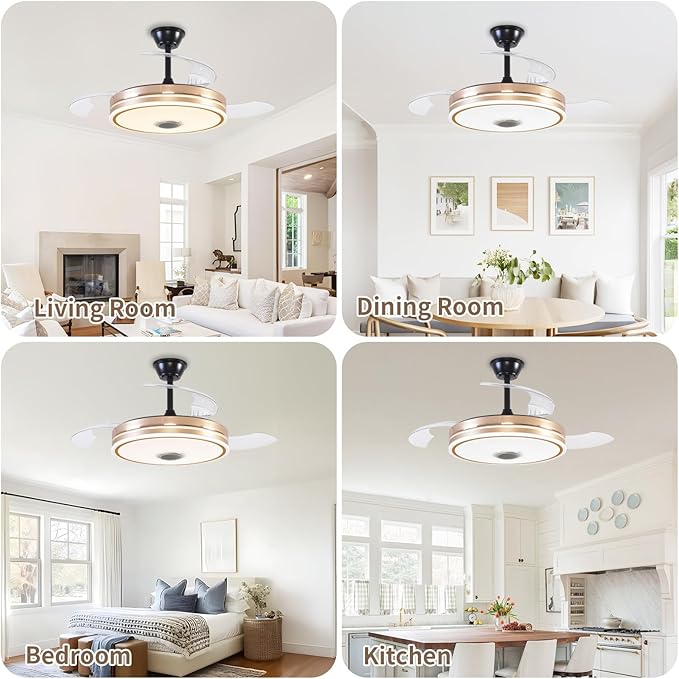 Retractable Ceiling Fan with Lights, 42 inch Ceiling Fan with Light and Remote, Low Profile Bladeless Fan for Bedroom Living Room