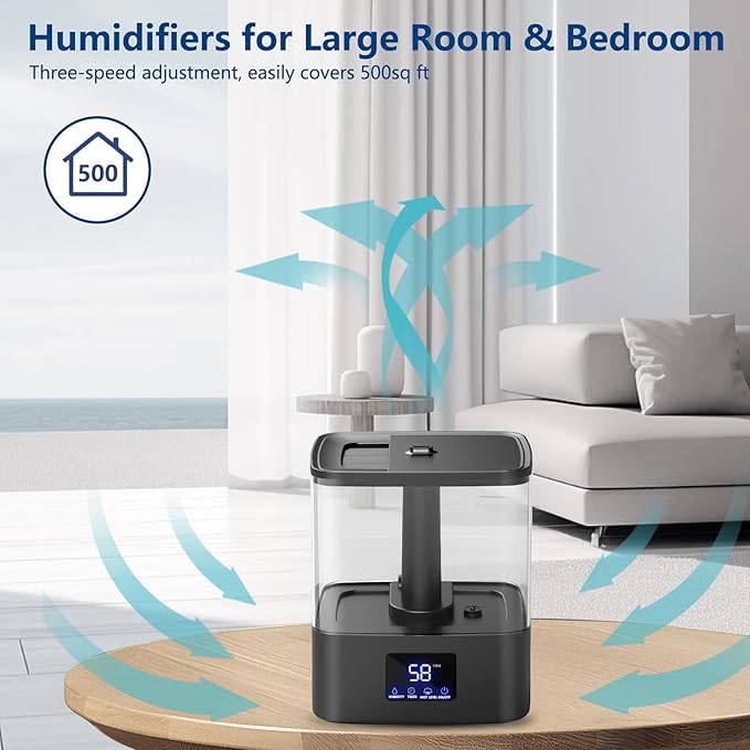 KZF 4L Top Fill Humidifiers for Bedroom & 60H Runtime - Cool Mist Humidifier, 3 Mist Levels, 8H Timer, Essential Oil Tray, Humidity Display, Quiet for Bedroom, Baby, Plants, Large Room (Black, 4L)