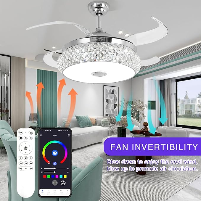 BAYSQUIRREL Retractable Ceiling Fan with Light, Low Profile Bluetooth Ceiling Fan with Speaker,RGB-LED Light 6 Speed Reversible Invisible Ceiling Fans for Bedroom,Remote and APP Control