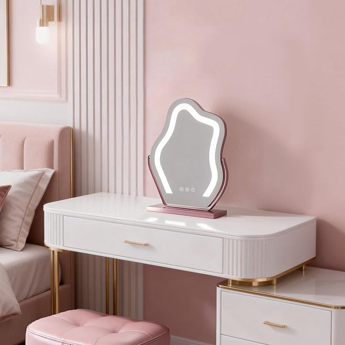 Makeup Mirror with Lights - 17″ Cloud Shaped Smart Touch 3-Color Dimmable 360° Rotation Memory Metal Frame Plug-in AC Power Tabletop Vanity Mirror Gift for Women Teen Girls Rosegold