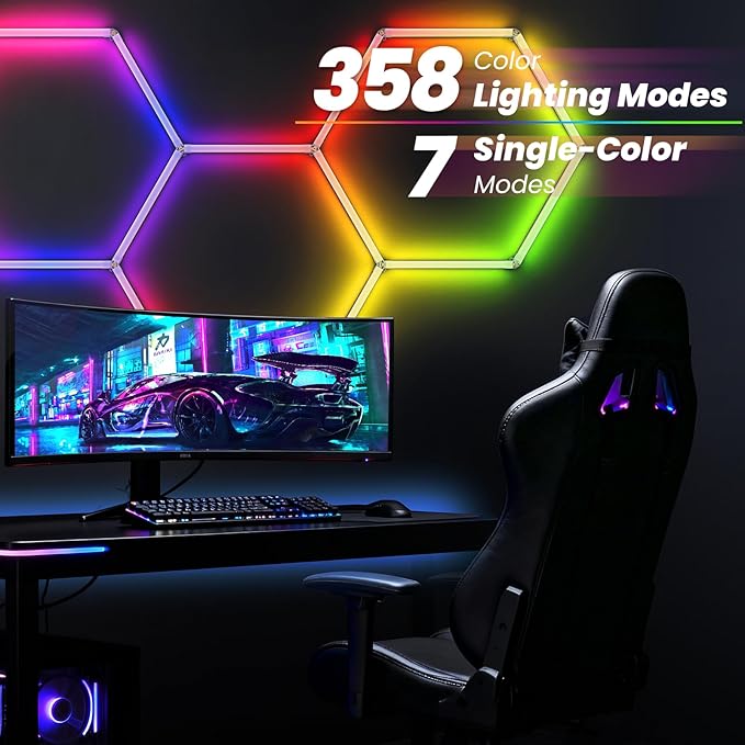 RGB Hexagon LED Light 3-Grid | Hexagon Garage Lights | 356 Color Modes | Music Sync | Smart App & Remote Control | Gaming Room Garage Bedroom Lighting