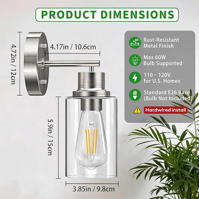 2-Pack Brushed Nickel Bathroom Wall Sconces, Modern Vanity Light Fixtures with Clear Glass Shade, 1-Light Wall Lamps Over Mirror for Bathroom, Bedroom, Hallway, Living Room
