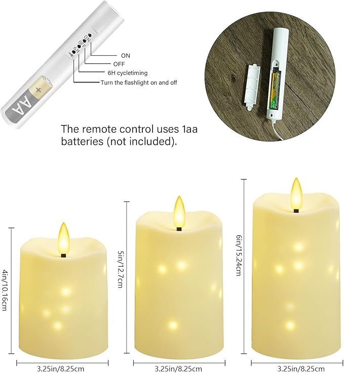 Flameless Candles Embeded Twinkle Starlight, Waterproof LED Flameless Candles with Remote, Plastics Realistic Pillar Candles for Home Decor, Outdoor Garden, Patio Decor 3pcs(Ivory)