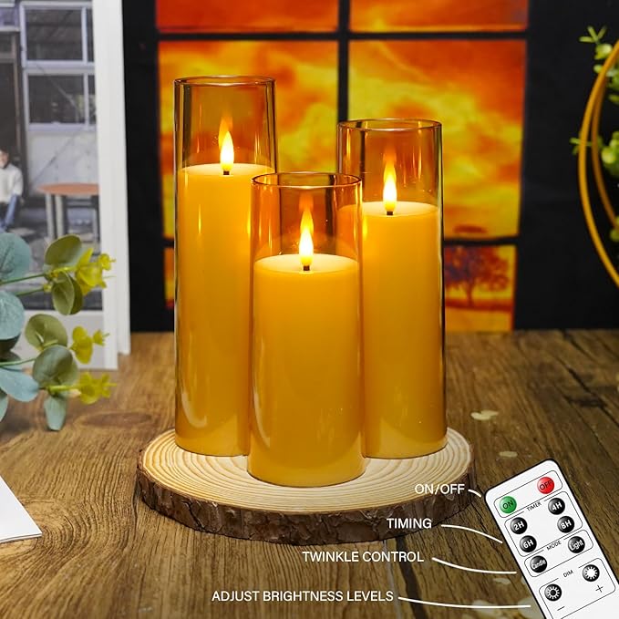 Flickering Flameless Candles Battery Operated with Remote and 2/4/6/8 H Timer Acrylic Led Pillar Candles Pack of 9 (appr D2.3"xH5.5"6.5"7.5")with Realistic 3D Wick Candles for Home Decor(Gold)