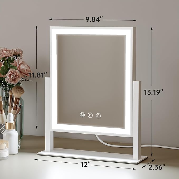 Vanity Mirror with Lights, 3-Color Dimmable & Adjustable Lighted Makeup Mirror with Smart Touch and 360° Rotation