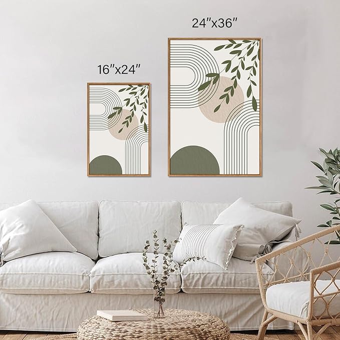 YeeHomedec Boho Sage Green Framed Canvas Wall Art, Mid Century Modern Wall Decor, Large Minimalist Art Print, Abstract Geometric Leaf Art Painting for Bathroom Living Room Bedroom Office 16"x24"x3