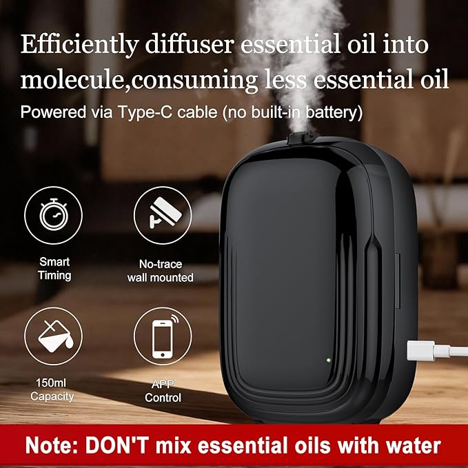 Waterless Oil Diffuser,Aromatherapy Scent Diffuser-150ml Smart Air Diffuser Oil Machine with APP & Timer|Large Room Oil Diffusers for Home,Office, Hotel Collection Use,Cover 1500 sq.ft-Compact,Black